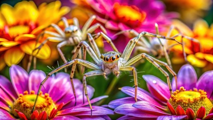 Elegant lynx spiders blending in among colorful flowers, lynx spider, elegant, camouflage, flowers, nature, wildlife