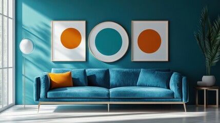 Teal Living Room Interior Design with a Blue Velvet Sofa and Orange Circle Art