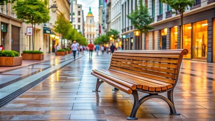 A wooden bench on a bustling city street , urban, sitting, public, outdoors, cityscape, relaxation, sidewalk