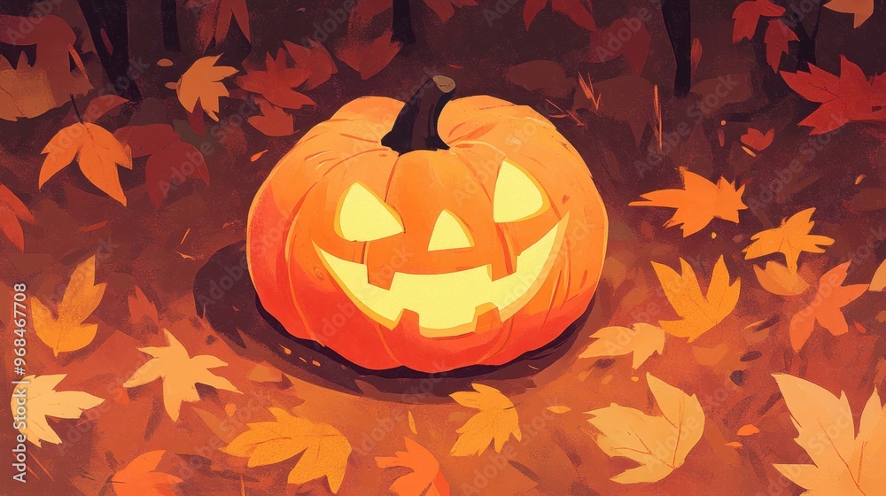 Sticker A whimsical Halloween pumpkin glows brightly amidst autumn leaves, creating a cheerful yet spooky fall scene.