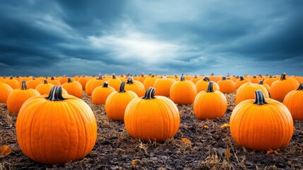 A haunting pumpkin field set against a dark, moody sky, perfect for Halloweenthemed art and decor.