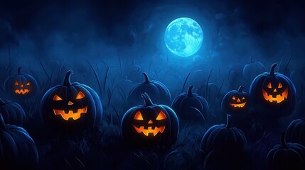 Fototapeta premium A fogdraped pumpkin field glows under a full moon, creating a chilling Halloween scene filled with shadows and mystery.