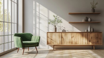 Minimalist Living Room Interior Design with Green Armchair and Wooden Cabinet