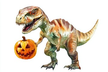 Naklejka premium A watercolor illustration of a friendly dinosaur holding a pumpkin, representing the playful and spooky spirit of Halloween. The dinosaur's cheerful expression and the carved pumpkin symbolize joy and