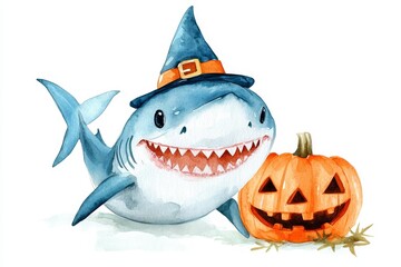 A watercolor illustration of a friendly shark wearing a witch hat and holding a jack-o-lantern, symbolizing Halloween, ocean life, fun, and creativity.