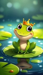 Fototapeta premium A smiling cartoon frog with a crown, sitting on a lily pad in a sparkling pond