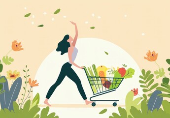 woman shopping, grocery cart, fresh produce, healthy lifestyle, eco friendly living, vibrant flowers, summer scene, cheerful atmosphere, nature background, wellness concept