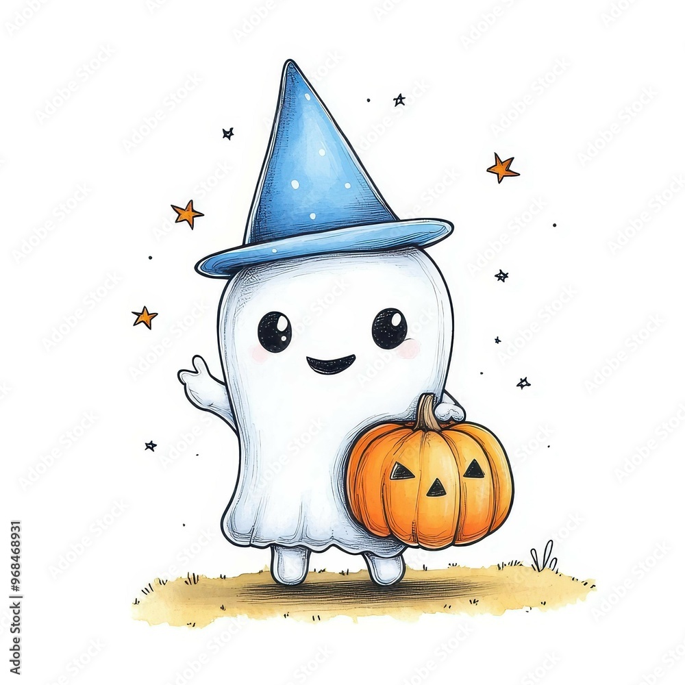 Wall mural Delight your little one with a cute ghost holding a pumpkin, perfect for a first birthday celebration decoration