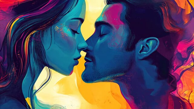 A vibrant artistic portrayal of a romantic kiss between a couple against a colorful background