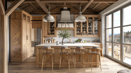 A beautifully designed rustic kitchen filled with wooden cabinetry, a central island, and large windows letting in natural light, creating a warm and inviting atmosphere.