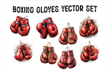Naklejka premium Vector of fiery red boxing gloves. Boxing gloves set on white background. Beautiful isolated hanging Boxing Gloves Vector Art Illustration. Detailed watercolor illustration of red boxing gloves.