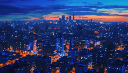 Obraz premium Cityscape at Dusk: Illuminated Buildings and Cloudscape