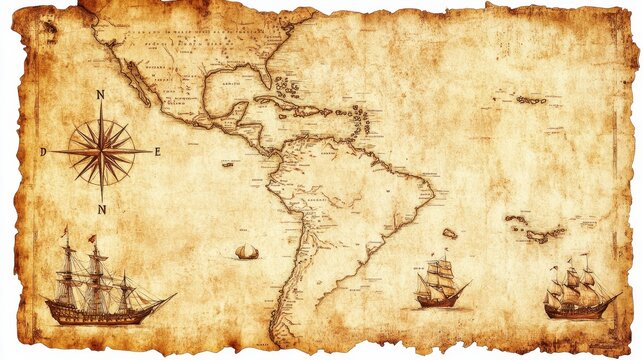 A weathered, vintage map of the Caribbean with detailed coastlines and islands.  Ships are sailing the seas, and a compass rose points North, symbolizing exploration, adventure, and the past.