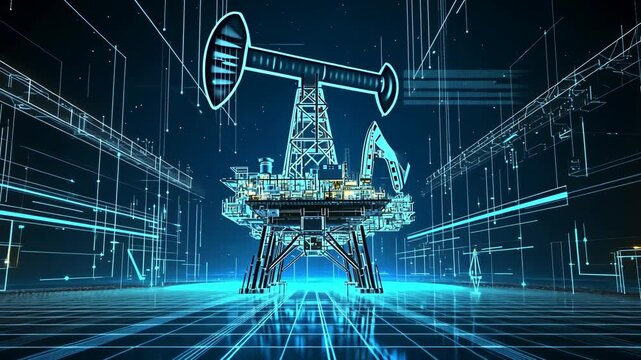 Exploring the futuristic design of an offshore oil drilling platform in a digital environment with advanced technology elements