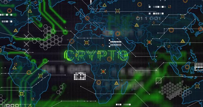 Animation of crypto text and digital data processing over world map on black background