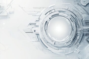 An abstract technological background featuring a circular pattern with concentric rings, suggesting a digital interface, innovation, and the future of technology. The white and grey tones create a cle