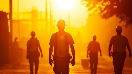 Fototapeta premium Construction workers silhouetted against a blazing sunset, symbolizing resilience, hard work, dedication, heat, and construction industry.