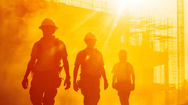 Silhouettes of three construction workers walking towards the camera, their hard hats visible, against a bright orange background of a construction site. The image symbolizes hard work, resilience, an