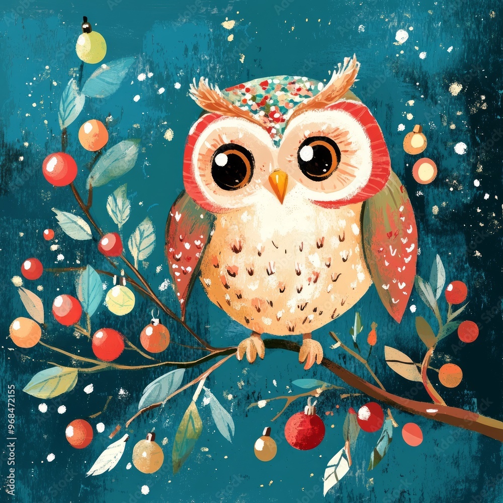 Sticker A whimsical owl perched on a colorful branch surrounded by fruits against a starry background.