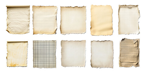 Transparent PNG available
Set of various torn notebook pages. Assorted collection of paper sheets with grid and lined patterns,