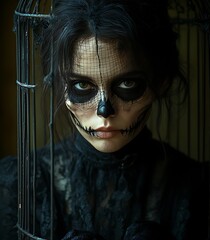 A woman with dark makeup and a skull design on her face looks out from behind a cage.