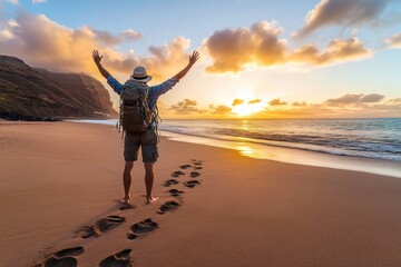 Fototapeta premium Man Celebrating Sunset on a Sandy Beach