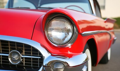 Fototapeta premium Close-up of a Red Classic Car's Headlight and Grille