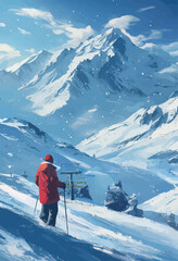Skiing adventure on a snowy mountain peak