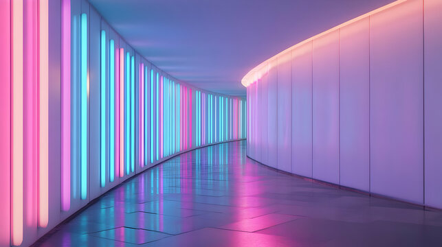 A Curved Passageway with Neon Stripes of Light on the Wall