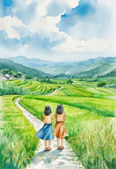 Naklejka premium Two girls walking on a path in a rural landscape