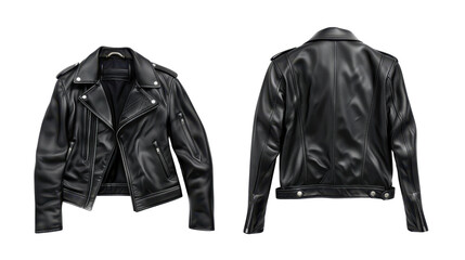 Men's black leather jacket front and back on transparent background