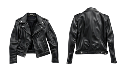 Men's black leather jacket front and back on transparent background