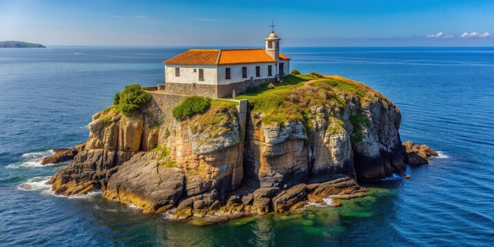 Hermitage on secluded island off Asturias coast near Luanco, Hermitage, island, Asturias, Spain, coastal, Luanco