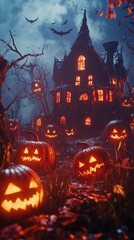 Halloween background with pumpkins and haunted house