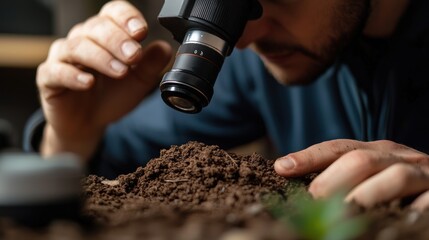 Fototapeta premium Scientist using microscope to closely examine soil sample in laboratory