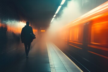 A man walks down a subway platform with a train in the background