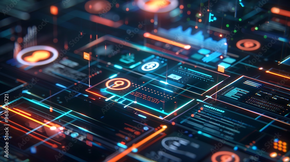 Poster Abstract representation of digital interface with glowing lines and icons for illustrating interconnected technology network data flow and futuristic communication concept.