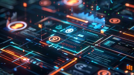 Abstract representation of digital interface with glowing lines and icons for illustrating interconnected technology network data flow and futuristic communication concept.