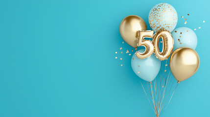Banner with number 50 golden balloon with copy space. Fifty years anniversary celebration concept on a blue background.