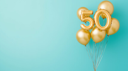 Banner with number 50 golden balloon with copy space. Fifty years anniversary celebration concept on a blue background.