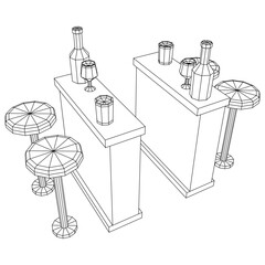 Bar counter with stools, bar top with bottles and glasses. Wireframe low poly mesh vector illustration.