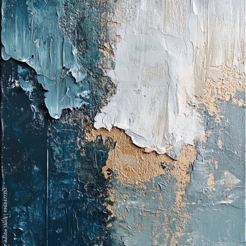 Canvas Prints Abstract artwork featuring textured layers in shades of blue, white, and gold.