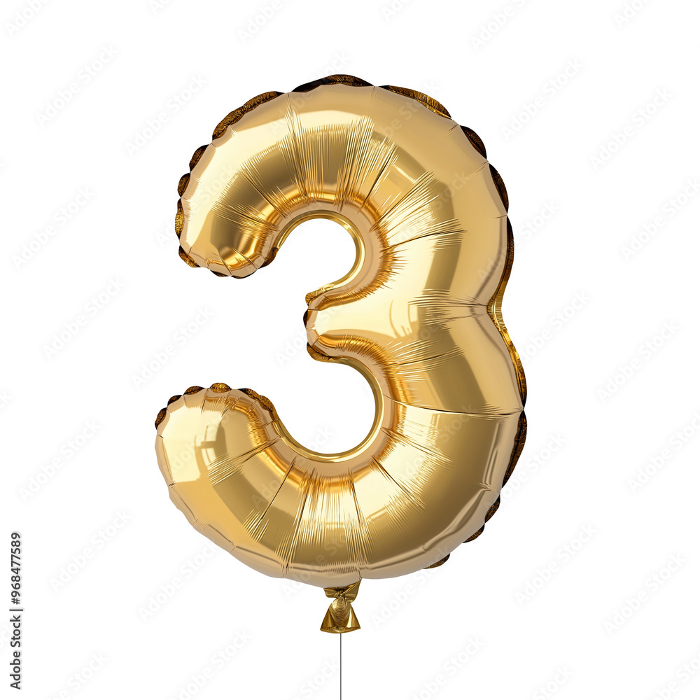 Wall mural a shiny gold foil number three balloon floats in a neutral space, cut out, png, isolated on white ba