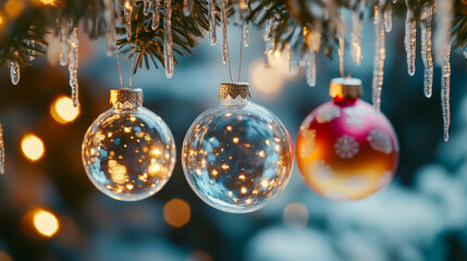 Fototapeta premium Merry Christmas and Happy New Year bright colorful composition. Xmas background with festive decorative elements. Festive banner and web poster, greeting card, flyer and brochure