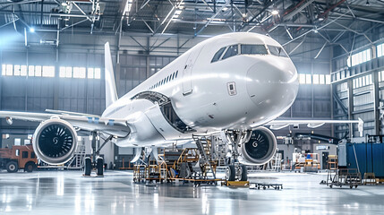 Fototapeta premium Aircraft Undergoing Maintenance in Industrial Hangar