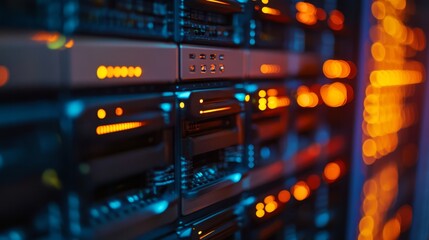 Naklejka premium Server Rack with Orange Lights and Blue Glowing Panels