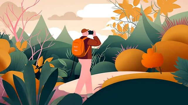 Adventurous photographer in a colorful, stylized landscape capturing the beauty of the natural world