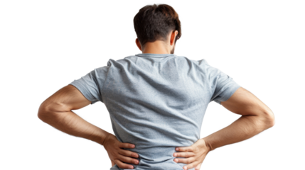 Man suffering from a lower back pain on transparent background