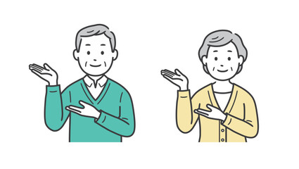 案内をする高齢者男女の上半身イラスト