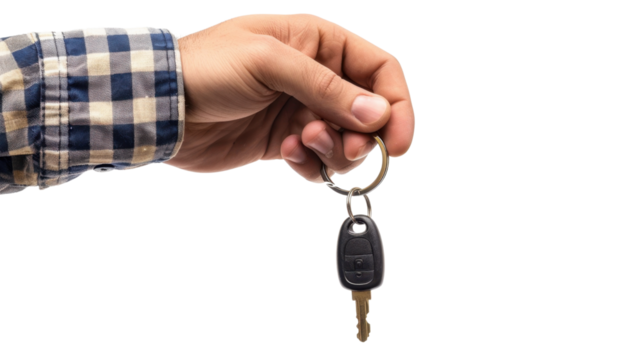 Hand holding car keys on transparent background